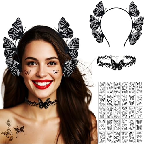 Chyuxinda Damen Schmetterling Kostüm mit Schmetterling Haarreifen Stirnband Schmetterling Halskette 30pcs Schmetterling Tattoo für Halloween Karneval Cosplay Motto Party Fasaching Kostüm (schwarz)