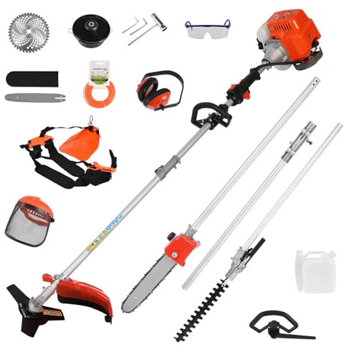 5 in 1 Petrol Strimmer, 52cc Petrol Hedge Strimmer, Full Functioning Brush Cutter, Petrol Grass Trimmers, Chainsaw, Extension Pole, Control Rod (Orange)