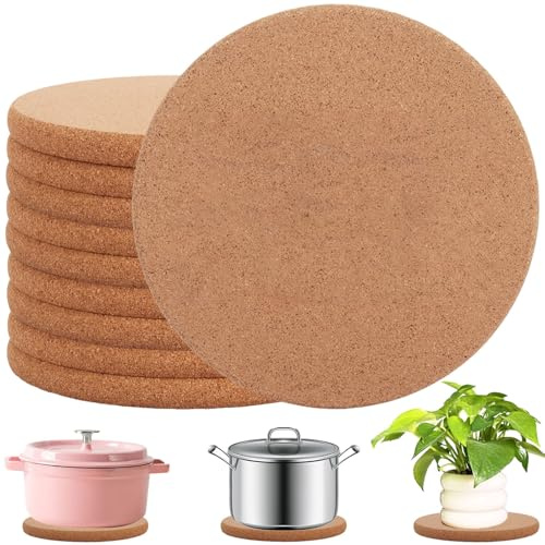 MUXHEL 10PCS Large Cork Coasters 19cm/7.5inch Cork Placemats Round 10mm Thick Heat Resistant Cork Mats for Hot Pans, Kitchen Worktops, Dishes, Pots and Plants