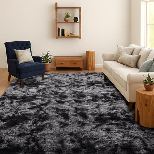 SOANNY Teppich Wohnzimmer Waschbar Anti-Rutsch 240x300 cm, Dunkelgrau | Hochflor, Langflor, Shaggy, Flauschig, Weich, Tie-Dye, Pflegeleicht, Groß, Für Wohnzimmer Schlafzimmer Kinderzimmer Büro Bett
