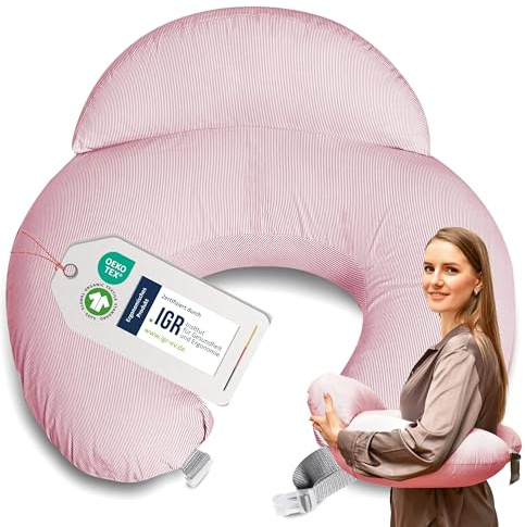 sei Design Stillkissen klein Baby- Stillhörnchen mit abnehmbaren Stillkissenbezug aus 100% Baumwolle - Stillmond - Stillkissen Mond Lagerungskissen, Baby Erstausstattung (Comfortcuddle Streifen Rosa)