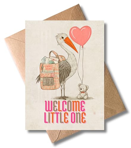 Baby Geburt Glückwunsch Karte mit Umschlag - Welcome little one Geschenkkarte Storch Teddy Luftballon Herz Schwangerschaft Grußkarte Babyparty Mutter (DIN A6)