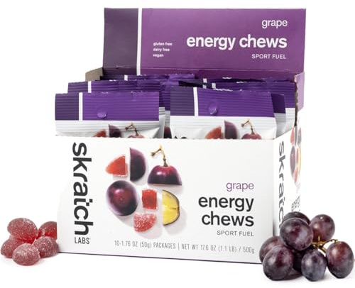 Skratch Labs Energy Chews | Gummies for Running, Cycling & Endurance Quick Carbs for Athletes, Easy to Digest, Real Fruit | Gel Alternative for Long Runs & Rides | Grape 10 Pack | Gluten Free, Vegan