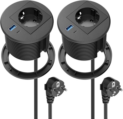 2 Pack Prise Encastrable Plan de Travail USB C PD20W, Multiprise Encastrable USB, Bloc Prise Encastrable pour Plan de Travail, Cuisine, Bureau, Meubles, 2500W/10A, 2M Câble, Noir