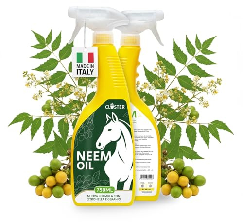 CLOSTER Olio di Neem per Cavalli Spray 750ml, Made in Italy - Contro Tafani, Zecche, Mosche, Pulci, Zanzare, Insetti con Geranio e Citronella - Abbinabile a Repellente Antiparassitario (750 ml)