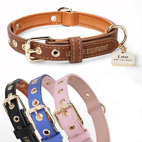 Leone Equipment Hundehalsband aus Leder-Mix | Lederhalsband-Hund verstellbar mit weicher Innenseite & Namensschild | Hundehalsband-Leder für Welpen, kleine & mittelgroße Hunde, Halsband-Hund (Braun,L)