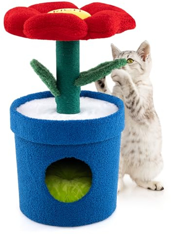 COSTWAY Kratzbaum Klein, 72cm hoch, süßer Katzenbaum mit Katzenhöhle, Pflanzentopf-Wohnung mit Blumen-Plattform, Kratzstamm & biegsamen Blättern, Katzenkratzbaum Katzen Katzenmöbel (Blau+Rot)