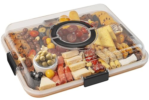 Charcuterie Board with Clear Lid, Travel Portable Cheese Board Charcuterie Boxes Cutting Boards for Kitchen (6 Compartments Black)
