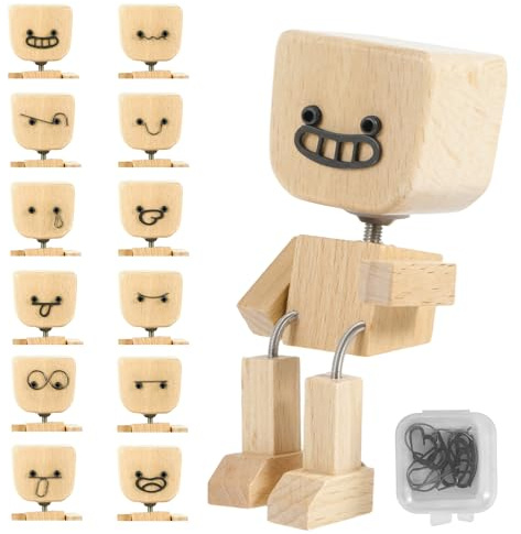 Wooden Shaker, Wobble Figure, Car Wobbling Wooden Man, Wobble Man with Wobble Feet with 12 Magnetic Face Expressions, Handmade Wiggling Feet Wooden Doll for Car, Home or Office