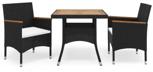 QJBSAVVA 3-TLG. Sitzgruppe 80 x 80 cm Schwarz Akazienholz Poly Rattan wetterfest platzsparend Modernes Design Robust & Langlebig für Balkon Garten Terrasse