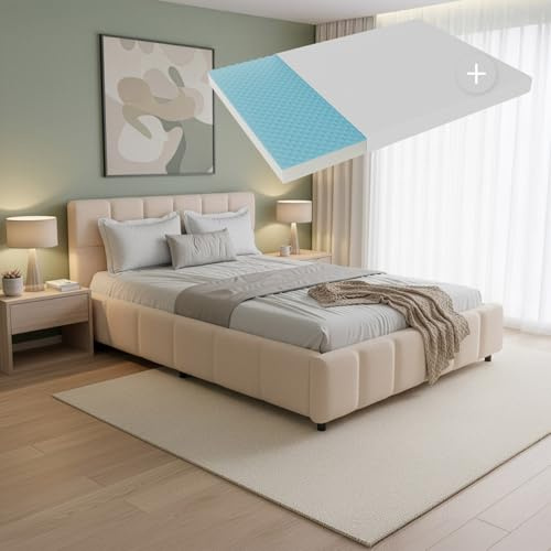 Juskys Polsterbett Florenz 140 x 200 cm mit Matratze – Bouclé, modernes Bett mit Kopf- & Fußteil, stabilem Holz- & Metallrahmen, Lattenrost, 500 kg Tragkraft – Beige