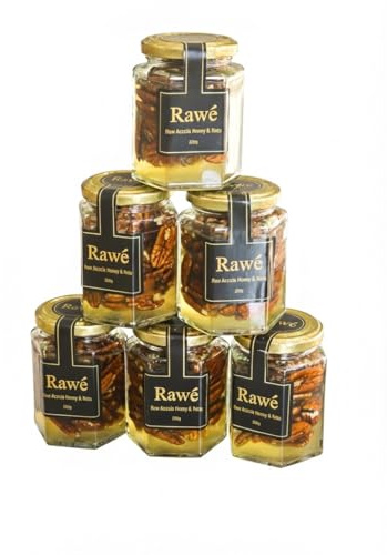 Rawé Raw Acacia Honey with Pecans, Unpasteurised, 280g Luxury Glass Jar, 6 Pack, Natural Energy Boost