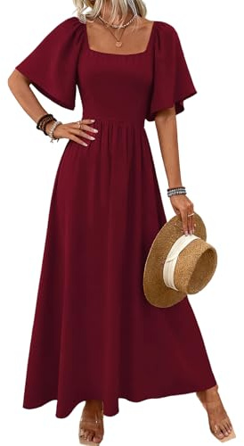 LIAMERHE Women's Summer Maxi Dress Elegant Square Neck Flutter Sleeve Long Sun Dress Boho A-Line Tea Dress High-Waisted Flowy Party Wedding Guest Dress Plain Casual Holiday Dresses