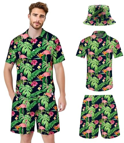 SERTAS Hawaii Hemd Männer, Hawaii Outfit Herren 3 Stück Set,Hawaiihemd und Shorts und Fischerhut,Freizeit Urlaub Strand Hemd Set