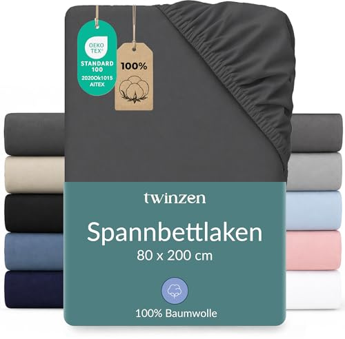 Twinzen Spannbettlaken Baumwoll-Jersey 80x200 Dunkelgrau Steghöhe 15 cm | Weich & hautfreundlich · Atmungsaktiv · Rundumgummi für sicheren Halt · Waschbar bei 60 °C · OEKO-TEX zertifiziert
