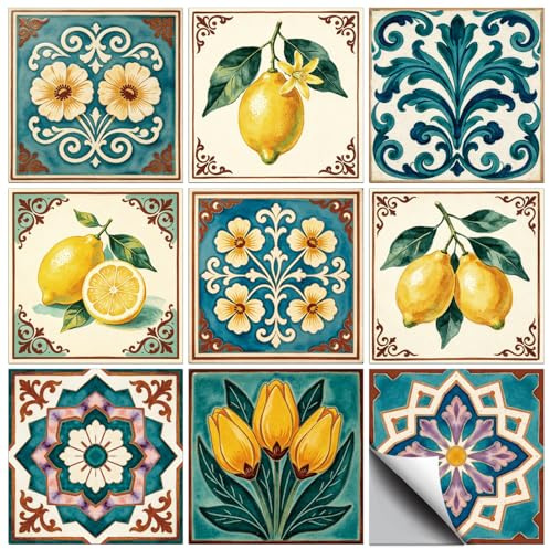 CONCHLERY 72 adesivi per piastrelle in PVC impermeabile, 9 stili, motivo floreale vintage, per cucina, bagno, 10,2 x 10,2 cm