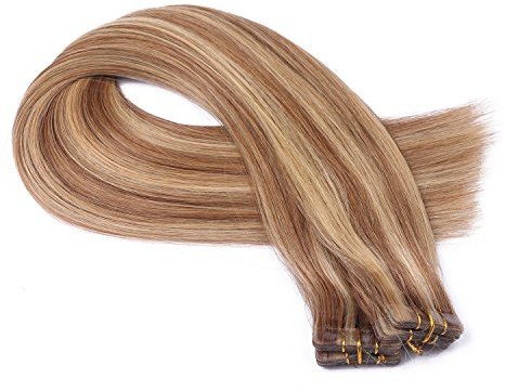Tape In - On Hair Extensions - # 18/24 GESTRÄHNT - 60cm - 20 Tressen je 4cm Breit / 2,5g - 100% Remy Echthaar Haarverlängerung/Extention mit Klebeband Tressen by NOVON Hair Extentions