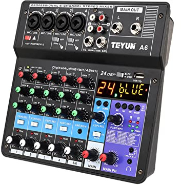 HUIOP Mini console audio portatile A6 6CH, con scheda audio, registrazione USB, canto, streaming web, mixer per feste