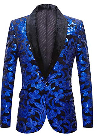 PYJTRL Hombres Moda Terciopelo Lentejuelas Patrón Floral Traje Chaqueta Blazer (3XL, Azul Marino)