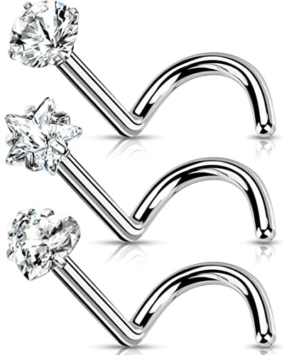 OUFER Piercing da Naso in Titanio Massiccio, 20G Piercing Naso Titanio Anello Nostril Orecchino Brillantino Anelli Studs S Curvato Piercing a Gioielli Donna 3mm CZ Star Heart Nose Ring Screw Jewelry