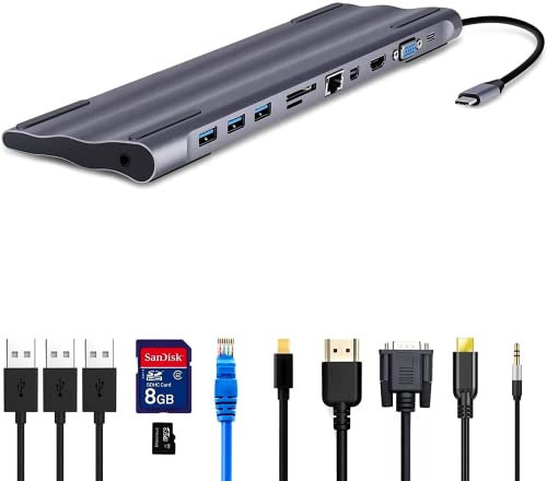 USB C HUB 3.0, Adaptador USB C Triple Pantalla, estación de Acoplamiento con GIGABIT ETHERNET, Puerto Mini DP, VGA, Lector de Tarjetas, etc.