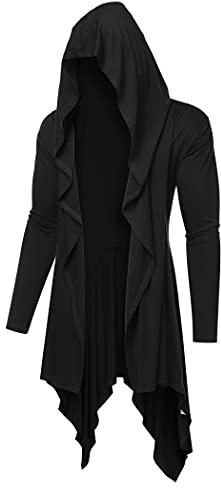 COOFANDY Men's Long Hooded Cardigan Ruffle Shawl Collar Open Front Lightweight Drape Cape Overcoat with Pockets (Black Pattern, M)
