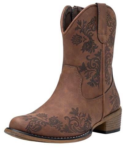 Jeossy Women's Cowboy Boots, Brown Cowgirl Ankle Western Booties with Square Toe Low Heel, Short Comfortable 9805 Boot with Zipper Size 8(DJY9805 Brown 08)