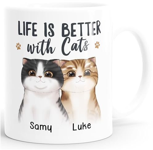 SpecialMe® Tasse Katze personalisiert (1-3) mit Namen Geschenk Katzenbesitzer Katzenmama Katzenpapa Katzenmotiv weiß standard