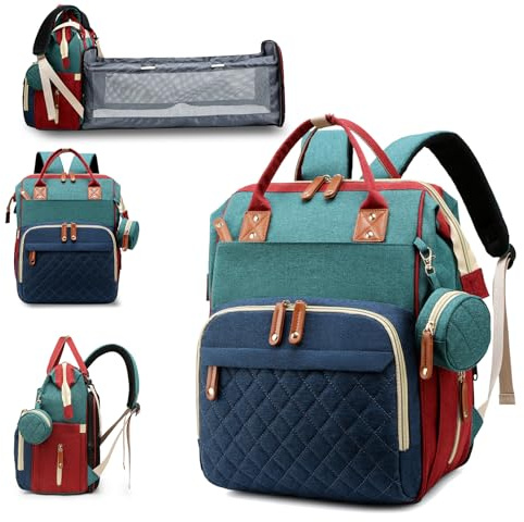 Lamroro Wickeltasche mit Wickelstation, 3-in-1 Baby-Wickelrucksack, Grün-Blau-Rot, Wickeltasche, Rucksack