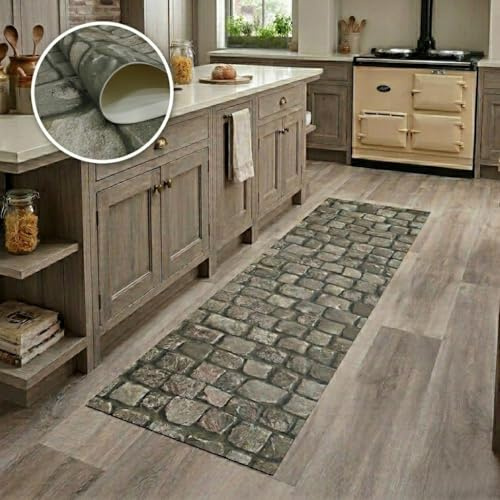 Alfombra vinílica para salón, Cocina, Sala de Estar, entradas, baño o dormitorios con revés PVC Antideslizante diseño Digital de Piedras Grises beig con Musgo