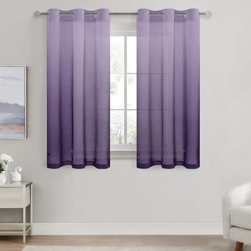 DWCN Voile Curtain Purple Gradient Curtains for Living Room Net Curtains for Windows Sheer Bedroom Crurtains Eyelet Set of 2, 46 x 54 Inches