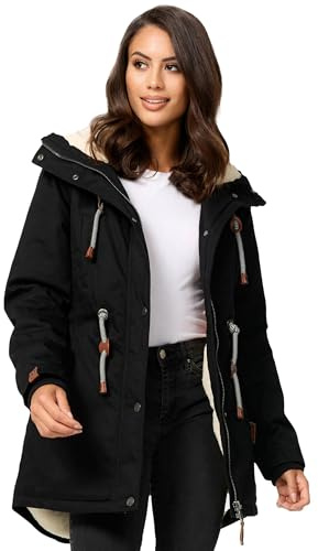 Navahoo Damen Winterjacke mit Teddyfell Winter Jacke warm gefüttert B991 [B991-Ireliaa-Schwarz-Gr.M]