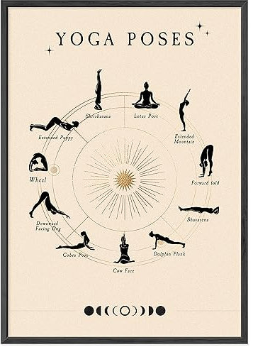 JUNOMI® Yoga Poster DIN A2 | Yoga Zubehör für Studio & Zuhause, Boho Wanddeko, Meditation | mit Rahmen Schwarz