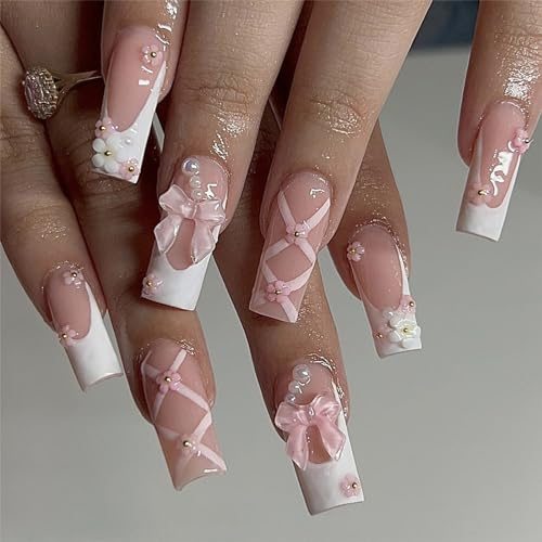 Angwis 24pcs Medium Square False Nails French Tip White Edge Stick on Nails 3D Bow Flower Press on Nail with Mini Pearl Removable Glue on Acrylic Full Cover Fake Nail Art Accessories for Women