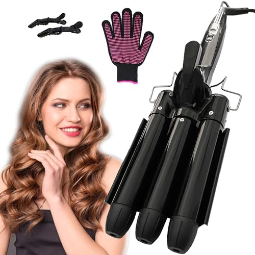 YEAHTOP Rizador de Pelo de 3 Barriles, Ondulador Profesional Con 3 Tubos, 80℃-210℃, Pantalla LCD, 25mm, Para Ondas Grandes, Incluye Guante