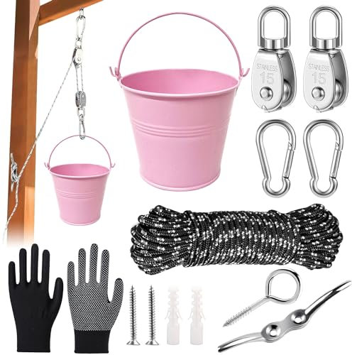 Sunshine smile Flaschenzug Kinder,Zubehör fürs Baumhaus Spielturm,Flaschenzug mit Eimer,Flaschenzug mit Metalleimer,Riemenscheibe mit Eimerkabel,Spielturm Zubehör,Kinder Riemenscheibensystem