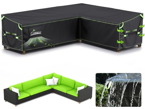 Uirway Funda para muebles de jardín en forma de L (270 × 216 × 87 cm) impermeable, resistente al viento, con tiras reflectantes, funda de lona para exteriores adecuada para fundas de sillas de esquina