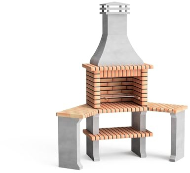 MOVELAR - Barbecue préfabriqué à bois et charbon en béton réfractaire modèle Roma 2 Tables Latérales Angle (Gris, Orange - 160 x 58 x 240 cm) REF: 3800 - Cuisine extérieure pour jardin ou patio