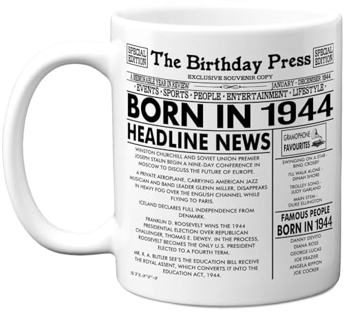 Stuff4 82nd Birthday Mug Gift for Women and Men, Born in 1944 Newspaper | Happy 82 Birthday Gifts for Grandad Grandma Nan Vintage Retro Back in 1944 Age 82 Bday, 11oz Ceramic Coffee Mugs