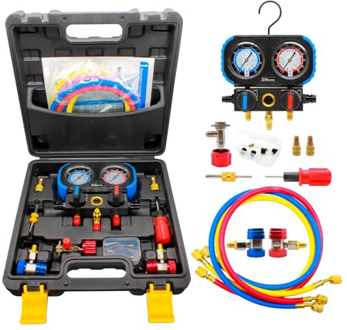 Manomètre avec glycérine coffret set manomètres pour climatisation avec glycérine pour précision gaz réfrigérant R22, R134a, R410 Manomètre pour recharge de gaz réfrigérant anti-vibrations