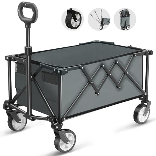 Wagon Pliant à roulettes, Chariot de Grande Capacité de 100kg avec Poignée Réglable et Sac à Couvercle, Chariot de Pique-Nique pour Festival Shopping Camping Jardin Plage (Gris)