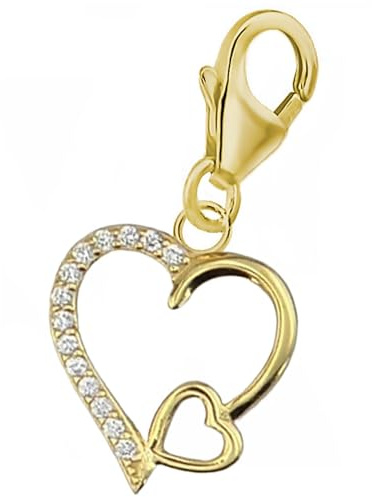 Goldene Hufeisen Zirkonia Herz Charm Anhänger Gold 925 Silber 18k Gelbgold vergoldet, Karabiner
