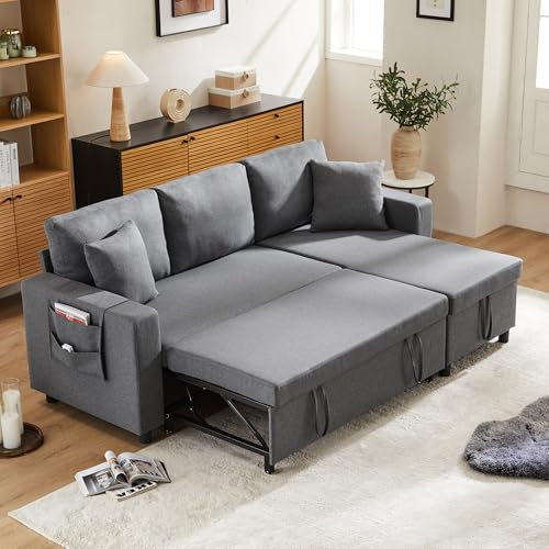 KUAKE Schlafsofa mit Schlaffunktion, L-förmiges Sofa, Sofa-Chaiselongue mit Stauraum, mit Taschenbecherhalter, Wohnzimmer-Schlafsofa, Links und rechts austauschbare Chaiselongue (Dunkelgrau)