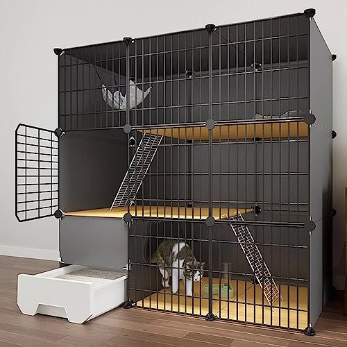 LFONDIGE 3-stöckiger Katzenkäfig, Katzengehege für den Innenbereich, Katzenkäfig mit Katzentoilette, Katzenlaufstall, Katzengehege, Kleintierkäfig, Hundekäfig, Auslaufplatz, ideal für 1-3 Katzen