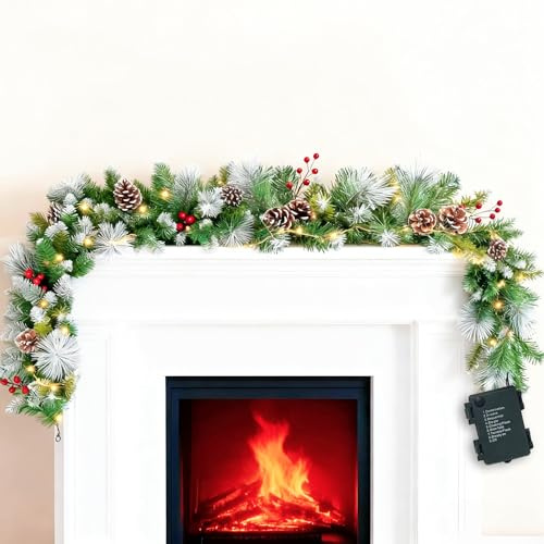 6FT(1.8M) Artificial Christmas Garland,Christmas Garland Decoration with 30 LED Light and Pine Cone Baubles for Xmas Tree Fireplaces Stairs Doors Xmas Tree Garden Yard Decor