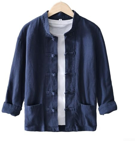 Camicie tradizionali cinesi da uomo, top casual (blu scuro)