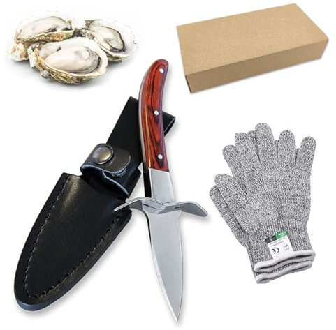 KkvoGmle Oyster Knif Set, Oyster Shucking Tools Oyster Shucking Knives With Wood-handle and Cut Resistant Level 5 Protection Gloves for Oysters Lover, Much Safer Than Kitchen Knife