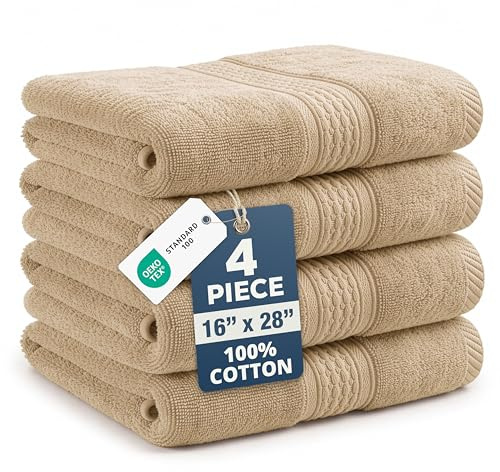 LANE LINEN Bathroom Hand Towels - 4 Pack (16 x 28), 100% Ringspun Cotton Hand Towel Set - Soft, Lightweight, Fade & Shrink Resistant - Everyday Use, Face Towels for Bathroom, Gym and Travel - Taupe