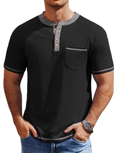 COOFANDY Mens Henley Short Sleeve Classic Lightweight Tee Shirt 4 Button Fashion Pullover T-Shirts Casual Henley Shirts S-XXXL Black