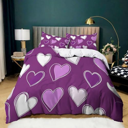 Viola Copripiumino Matrimoniale 240x220 Forma geometrica del cuore 3D Stampa Morbida Microfibra Biancheria da Letto con Cerniera per Bambini/Adulti 1 Copripiumino + 2 Federe 50x80 cm